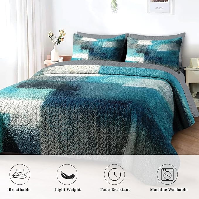 Quilt Set Full/Queen Size, Turquoise Grey Painting 3 Pcs Soft Bed Cover Bedding Set for Kids and Adults, Teal Contemporary Gray Lightweight Bedspread Coverlet with Pillow Sham for All Season