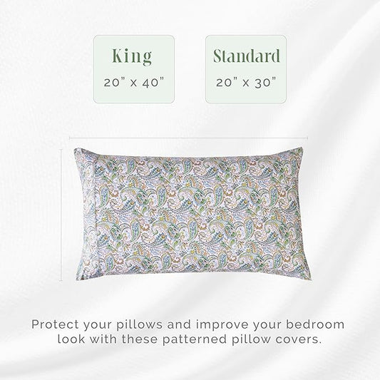 Elegant Comfort Ultra Soft Set of 2 Floral Print Pillowcases - 1500 Premium Hotel Quality Microfiber, Soft and Smooth Envelope Closure 2-Piece Pillow Covers - King, Paisley Teal