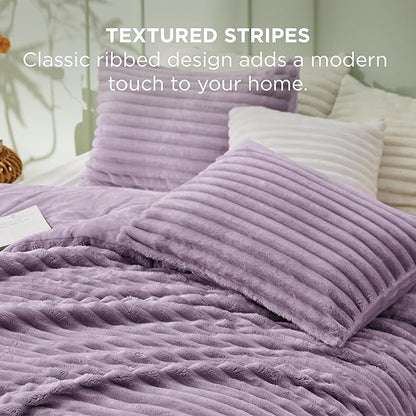 Bedsure King Comforter - GentleSoft™ 3 Pieces Double-Side Fleece Fluffy Lavender Comforter Set, Cozy Striped Room Decor Aesthetic, Luxury King Size Bedding with 2 Pillowcases, 104x90 Inches