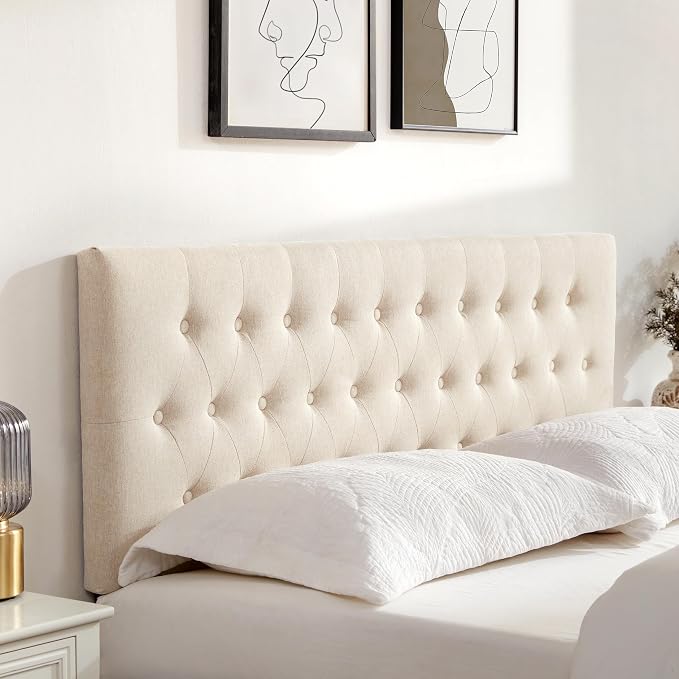 Tufted Upholstered Headboard Twin Size, Adjustable Height 37- 51 in, Beige | Sturdy and Durable Solid Wood Twin XL Headboard, Fabric Twin Headboard Only, Modern Button Diamond Design Head Board