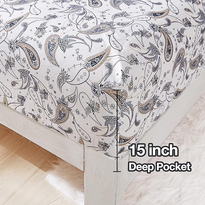 JSD Grey Paisley Printed Sheet Set Queen Size, 4 Piece Soft Retro Pattern Microfiber Sheets Extra Deep Pocket