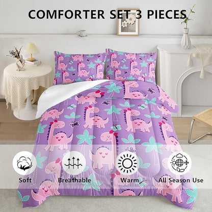 Axolotl Cute Dinosaur Comforter Set Queen Size,Girls Bedding Cartoon Dinosaur Bedding Set for Girls Teens Kids Boys Adults Room Decor,Kids Comforter Set All Season,1 Quilt 2 Pillow Cases,Purple
