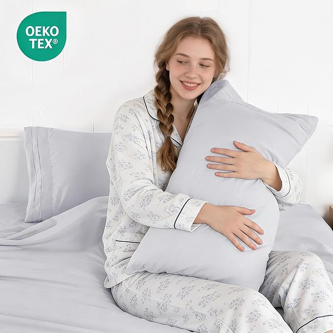 Light Grey King Size Sheet Set, Pre-washed Microfiber Cotton-Like 4 Pcs Ultra Soft Bedding Set King, Breathable Cooling Skin-Friendly All Seasons, 1 Fitted, 1 Flat, 2 Pillowcases (Light Grey, King)