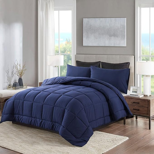 DOWNCOOL Queen Comforter Set -All Season Bedding Comforters Sets with 2 Pillow Cases -3 Pieces Bedding Sets Queen -Down Alternative Blue Comforter Set for Queen Size Bed(88"x92")