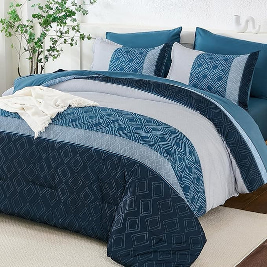Dinjoy Navy Blue King Size Comforter Set,Striped Bed in a Bag King 7 Pieces Soft Microfiber Fall Bedding Comforters Sets with Sheet Boho Bed Complete Set for Men All Season