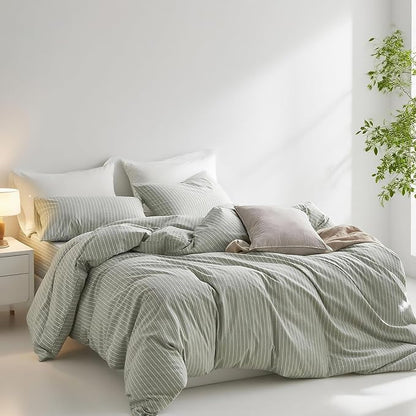 Nayoroom Green Striped Duvet Cover Queen Size 100% Washed Cotton White Pinstripe Duvet Cover 3 Pieces Soft Breathable Girls Dorm Bedding Set for All Seasons, Yarn Dyed Process