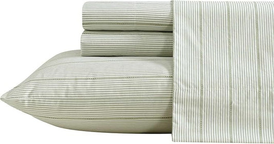 Nautica - King Size Sheets Set, Crisp & Tailored Floral Bedding with a Smooth Cotton Percale, Bed Sheets with Matching Pillowcases & Fitted Sheet (Ellipse Stripe Green)