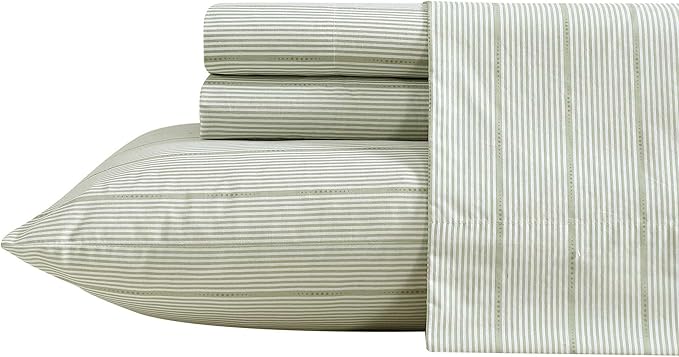 Nautica - Queen Size Sheets Set, Crisp & Tailored Floral Bedding with a Smooth Cotton Percale, Bed Sheets with Matching Pillowcases & Fitted Sheet (Ellipse Stripe Green)