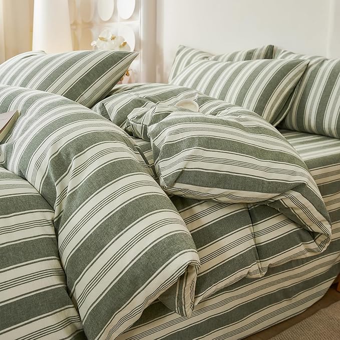 100% Washed Cotton Striped Duvet Cover Set Twin XL, Vintage Green White Stripes Pattern Printed Comforter Cover, Soft Breathable Duvet Cover with 2 Pillowcases Farmhouse Striped Bedding Set Twin XL
