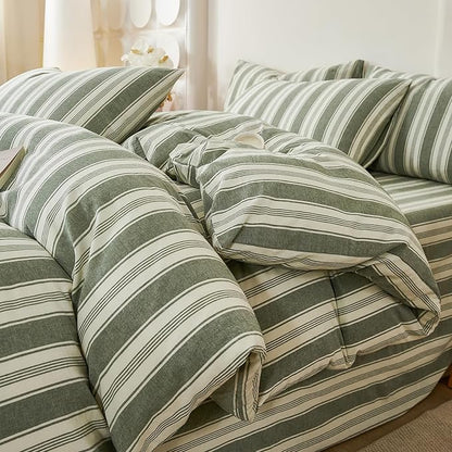 Green Striped Full Size Duvet Cover Washed Cotton Boho Comforter Cover Full Size Farmhouse Soft Pinstripe Patterned Duvet Cover Set with Zipper Vertical Stripe Bedding Teen Duvet Protector