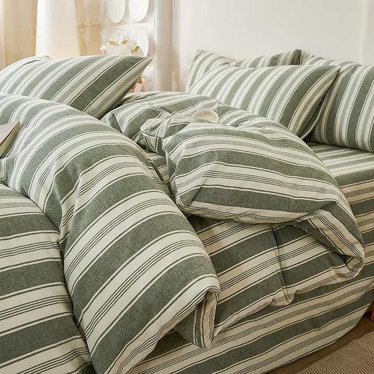 Green Striped Full Size Duvet Cover Washed Cotton Boho Comforter Cover Full Size Farmhouse Soft Pinstripe Patterned Duvet Cover Set with Zipper Vertical Stripe Bedding Teen Duvet Protector