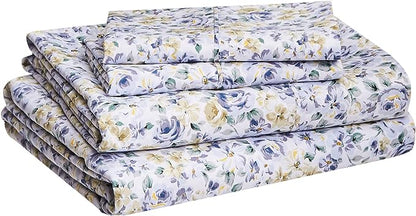 Amazon Basics Lightweight Super Soft Easy Care Microfiber 4 Piece Bed Sheet Set With 14-inch Deep Pockets, Queen, Blue Floral,Printed