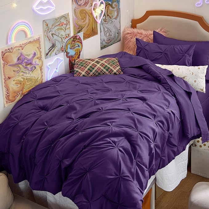 Bedsure Twin XL Comforter Set - Extra Long 5 Pieces Dorm Bedding Sets, GentleSoft™ Pinch Pleat Purple Bed in a Bag with Pintuck Comforter, Sheets, Pillowcase & Sham