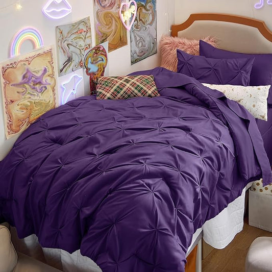 Bedsure Twin XL Comforter Set - Extra Long 5 Pieces Dorm Bedding Sets, GentleSoft™ Pinch Pleat Purple Bed in a Bag with Pintuck Comforter, Sheets, Pillowcase & Sham