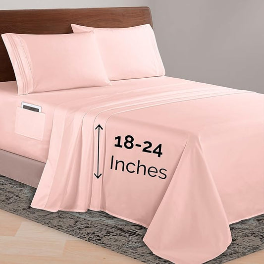 Elegant Comfort Luxurious 1500 Premium Hotel Quality Microfiber 4-Piece Sheet Set, 18-24 Inches Deep - Extra Deep Pocket Sheets - Ultra Soft 4PC Deep Pocket Sheets, Queen, Blush