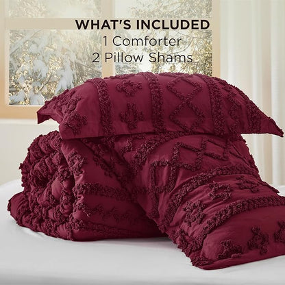 Bedsure Tufted Boho Comforter Set Queen Size - Burgundy Boho Bed Set, GentleSoft™ 3 Pieces Farmhouse Shabby Chic Embroidery Bedding, Gifts for Woman, Soft Jacquard Queen Comforter for All Seasons