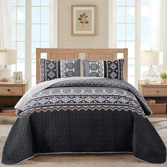 WONGS BEDDING Boho Quilt Set King,Black Grey Bedspread Coverlet Set with 2 Pillowcase,Lightweight Geometry Printed Bohemian Bedding Set 104"×90"