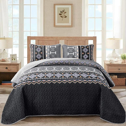 WONGS BEDDING Boho Quilt Set King,Black Grey Bedspread Coverlet Set with 2 Pillowcase,Lightweight Geometry Printed Bohemian Bedding Set 104"×90"