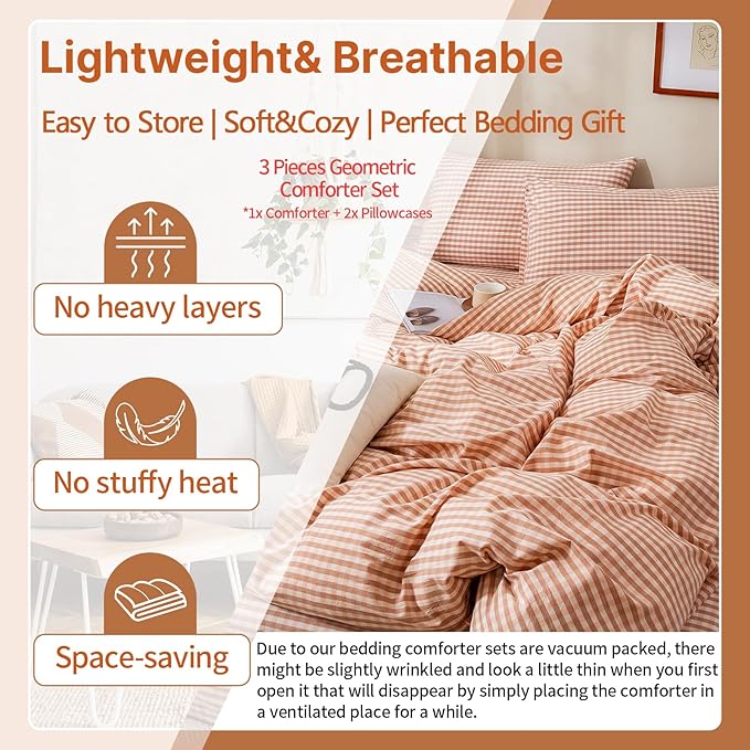 EAVD Pink Tan Gingham Comforter Set Twin XL Soft Washed Cotton Farmhouse Mini Pink Tan Checkered Plaid Bedding Set with 2 Pillowcases Modern Farmhouse Reversible Plaid Comforter Set for All-Season