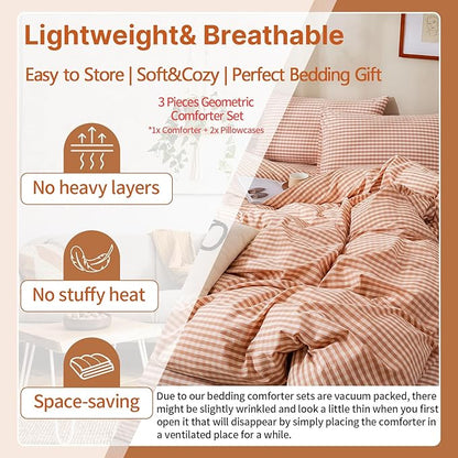 EAVD Pink Tan Gingham Comforter Set Queen Soft Washed Cotton Farmhouse Mini Pink Tan Checkered Plaid Bedding Set with 2 Pillowcases Modern Farmhouse Reversible Plaid Comforter Set for All-Season
