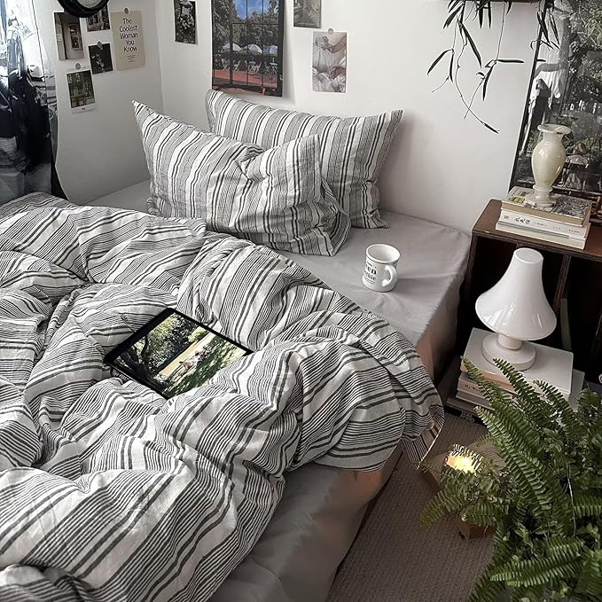 MKXI King Size Charcoal Grey & White Striped Duvet Cover Set - 3 Piece Modern Washed Cotton Bedding, Soft Breathable Comforter Cover with Zipper Closure & Corner Ties, Minimalist Geometric Design