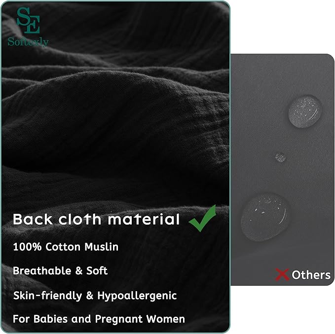 SE SOFTEXLY Muslin Duvet Cover Queen Size, 100% Washed Cotton Duvet Cover Set, Ultra Soft Comforter Cover Linen Like, 3 Pieces Minimalist Gauze Duvet Cover with 2 Pillowcases, 90"x90", Black