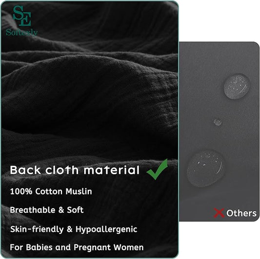 SE SOFTEXLY Muslin Duvet Cover Queen Size, 100% Washed Cotton Duvet Cover Set, Ultra Soft Comforter Cover Linen Like, 3 Pieces Minimalist Gauze Duvet Cover with 2 Pillowcases, 90"x90", Black