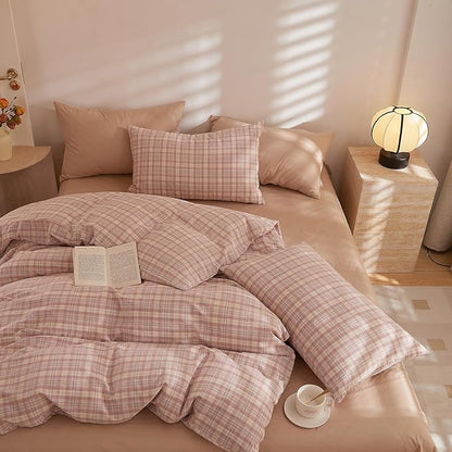 Plaid Twin XL Comforter Set Down Alternative Cute Bedding Set Fluffy Washed Cotton Cozy Boho Bedding Comforter Sets Super Soft Modern Farmhouse Bedroom Bed Comforter with 2 Pillowcases