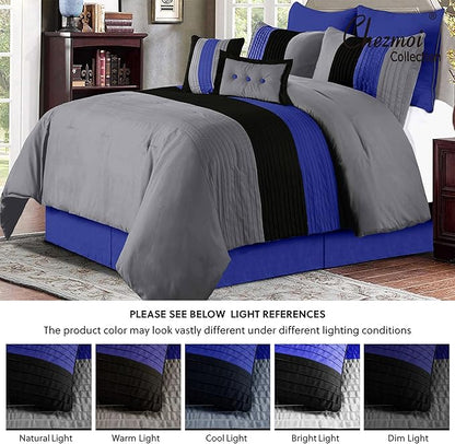 Chezmoi Collection Loft 8-Piece California King Comforter Set, Gray/Blue/Black Luxury Striped Bedding for All Season