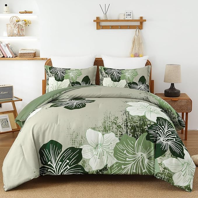 Menghomeus Floral Comforter Set King Ombre Green Bedding Lightweight Microfiber Bed Comforter for All Season, 3 Piece Flowers Comforter with 2 Pillowcases