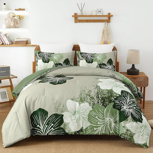 Menghomeus Floral Comforter Set Queen Ombre Green Bedding Lightweight Microfiber Bed Comforter for All Season, 3 Piece Flowers Comforter with 2 Pillowcases
