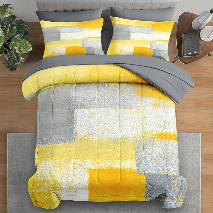 Comforter Set King Size, Grey Yellow Painting Gray 7 Pcs Bedding for Kids and Adults, Office Contemporary Abstract Bed Sheet Sets with Fitted Sheet 2 Pillowcase & 2 Sham for Bedroom Bed Decor