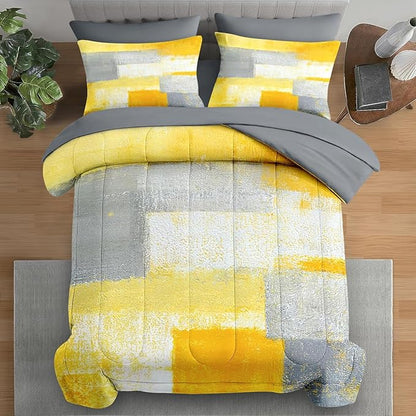 Comforter Set King Size, Grey Yellow Painting Gray 7 Pcs Bedding for Kids and Adults, Office Contemporary Abstract Bed Sheet Sets with Fitted Sheet 2 Pillowcase & 2 Sham for Bedroom Bed Decor