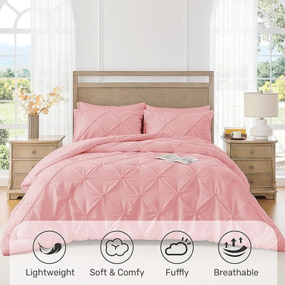UNIKOME Queen Comforter Set Pink - Ultra Soft Boho Pintuck Down Alternative Bedding Set for All Seasons, 3 Pieces Lightweight Warm Pinch Pleat Bed Set with Comforter, 2 Pillowcases