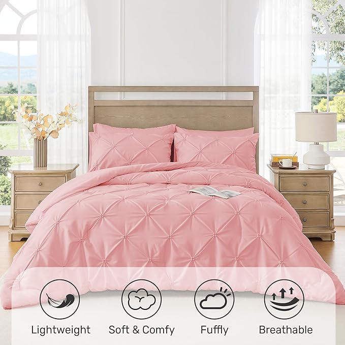 UNIKOME King Size Comforter Set Pink - Ultra Soft Boho Pintuck Down Alternative Bedding Set for All Seasons, 3 Pieces Lightweight Warm Pinch Pleat Bed Set with Comforter, 2 Pillowcases