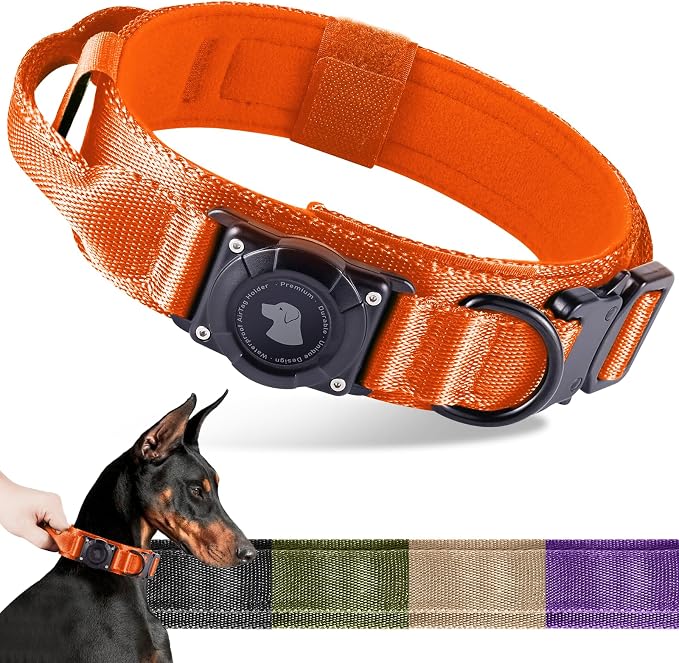 2026 Upgrade Waterproof Tactical AirTag Dog Collar, Built in AirTag Holder | Comfortable Control Handle, Quick Release Metal Buckle, Durable 1000D Nylon, For Medium to Large Dogs, Orange,M