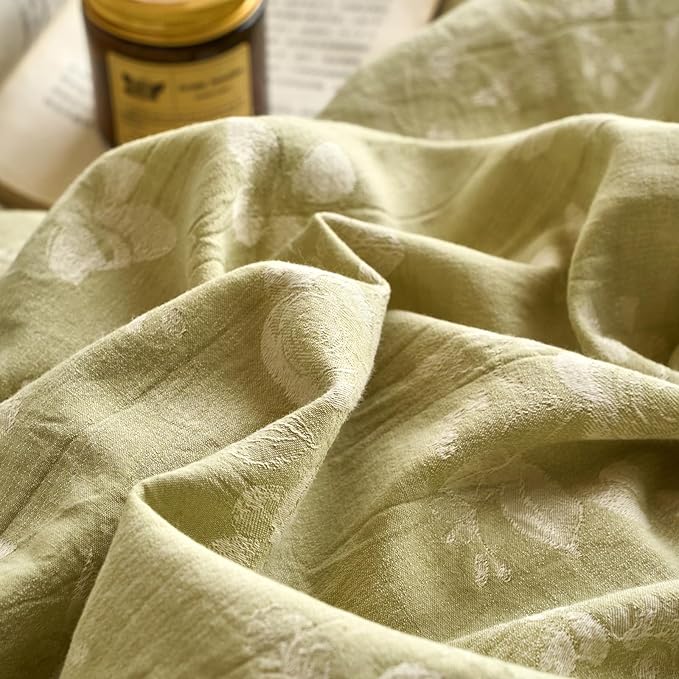 mixinni 100% Washed Cotton Cover Set, Reversible Vintage Green Floral Butterfly Jacquard Textured Comforter Cover, Boho Farmhouse Bedding Set with Zipper Closure for All Season, Queen Size