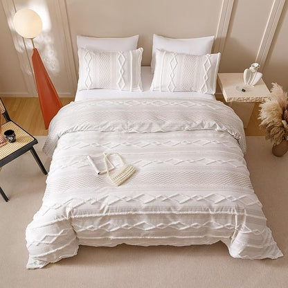 Houseri Tufted Comforter Set California King Beige Jacquard Bedding Sets
