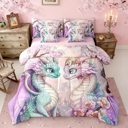 Western Dragon Couple Bedding Set,Japanese Cherry Blossom Full Comforter Set with Sheets for Kids Teens Room Decor,Pastel Girly Pink Castle Bed in a Bag 7 Piece for Bedroom Living Room