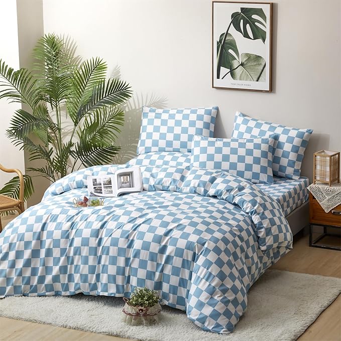 CLOTHKNOW Blue White Plaid Comforter Full Size Set Grid Bedding Comforter Sets All Season Soft Checker Comforter with 2 x Pillow Cases
