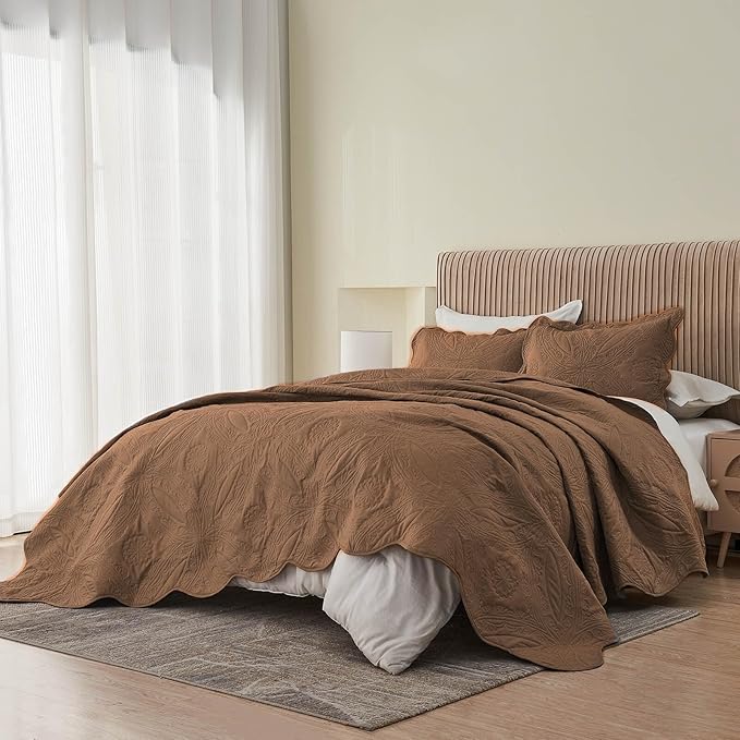 Kingnex Oversized King Bedspreads 128x120 for Extra Wide Tall King or Cal King Bed Ultrasonic Quilted Coverlet Set 3 Piece Include 1 Quilt 2 Pillowcases Coffee