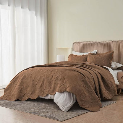 Kingnex Oversized King Bedspreads 128x120 for Extra Wide Tall King or Cal King Bed Ultrasonic Quilted Coverlet Set 3 Piece Include 1 Quilt 2 Pillowcases Coffee