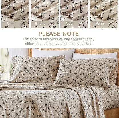 Comfort Spaces 100% Cotton Sheets Cal King, Breathable, Naturally Cool Cotton Sheets, Cotton Bed Sheets with 14" Elastic Pocket Fits up to 16" Mattress, All Seasons Sheet Set, Bow Black/Taupe 4 Piece