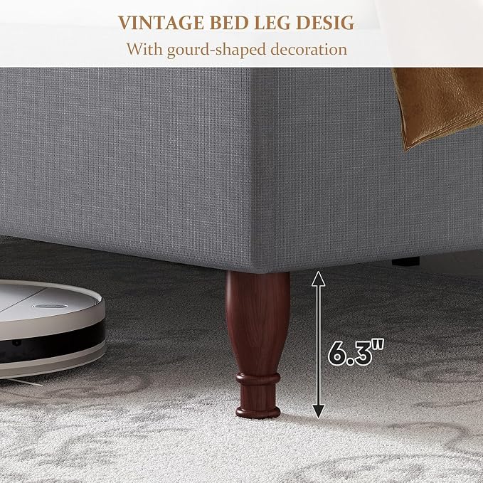 koorlian King Size Upholstered Bed Frame with 51'' Tall Headboard, Grey | Reinforced Platform Bed, Easy Assembly, Soft Fabric, Sleigh Wingback, Solid Wood Retro Legs, Noise-Free, Classic & Simple