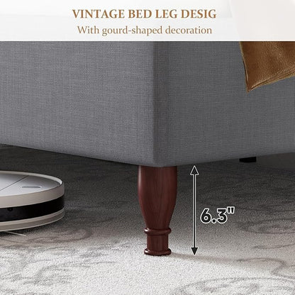 koorlian King Size Upholstered Bed Frame with 51'' Tall Headboard, Grey | Reinforced Platform Bed, Easy Assembly, Soft Fabric, Sleigh Wingback, Solid Wood Retro Legs, Noise-Free, Classic & Simple
