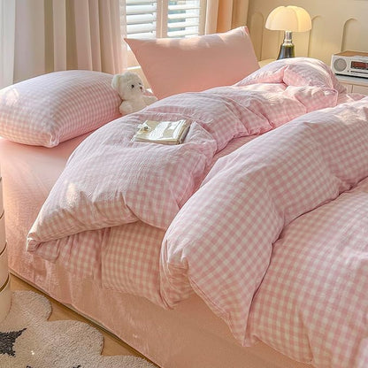 LifeTB Pink Gingham Comforter Set Queen 3 Pieces Plaid Checkered Comforter Set Aesthetic Pink Grid Comforter with 2 Pillowcases Plaid Checkered Pattern Farmhouse Gingham Bedding Set Queen