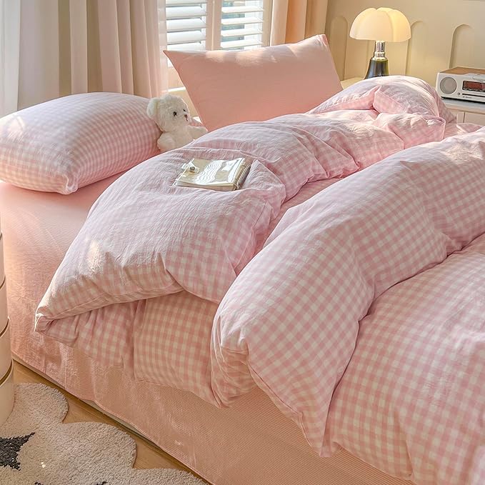 LifeTB Pink Gingham Comforter Set King Vintage Plaid Checkered Pattern Comforter with 2 Pillowcases Lightweight Farmhouse Gingham Bedding Set Breathable Pink Grid Plaid Bedding Comforter Set