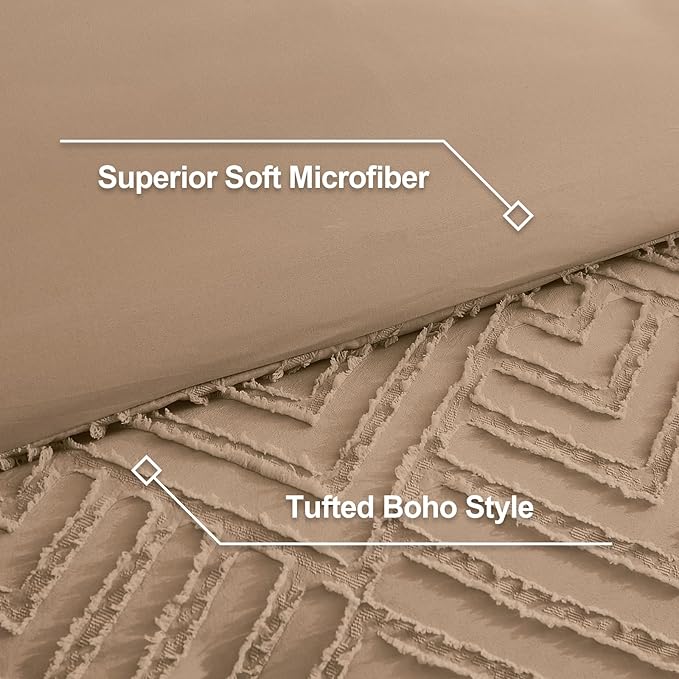 Litanika Super King Plus Comforter Taupe, 3 Pieces Tufted Boho Farmhouse Bedding Comforter Set, Lightweight Fluffy All Season Comforter Set (120x128In Comforter & 2 Pillowcases)