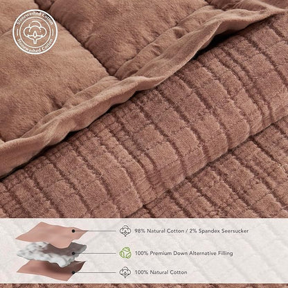 EVERGRACEHOME Stonewashed Cotton Quilt Set Full Queen Size, Ultra Soft Oversized Bedspread Coverlet Set, Lightweight Crinkle Box Stitch Bedding Sets for All Season, with 2 Shams, Terracotta Clay