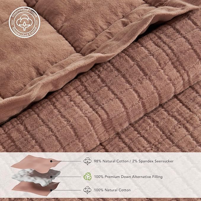 EVERGRACEHOME Stonewashed Cotton Quilt Set King Size, Ultra Soft Oversized Bedspread Coverlet Set, Lightweight Crinkle Box Stitch Bedding Sets for All Season, with 2 Shams, Terracotta Clay